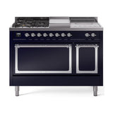 ILVE 48-Inch Nostalgie II Noblesse Natural Gas Dual Fuel Range with 5 Sealed Burners, Griddle, French Top and Solid Door Oven in Midnight Blue with Chrome Trim (UN48FSQNMPMBC)
