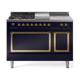 ILVE 48-Inch Nostalgie II Noblesse Propane Gas Dual Fuel Range with 5 Sealed Burners, Griddle, French Top and Solid Door Oven in Midnight Blue with Brass Trim (UN48FSQNMPMBGLP)