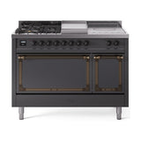 ILVE 48-Inch Nostalgie II Noblesse Natural Gas Dual Fuel Range with 5 Sealed Burners, Griddle, French Top and Solid Door Oven in Matte Graphite with Bronze Trim (UN48FSQNMPMGB)