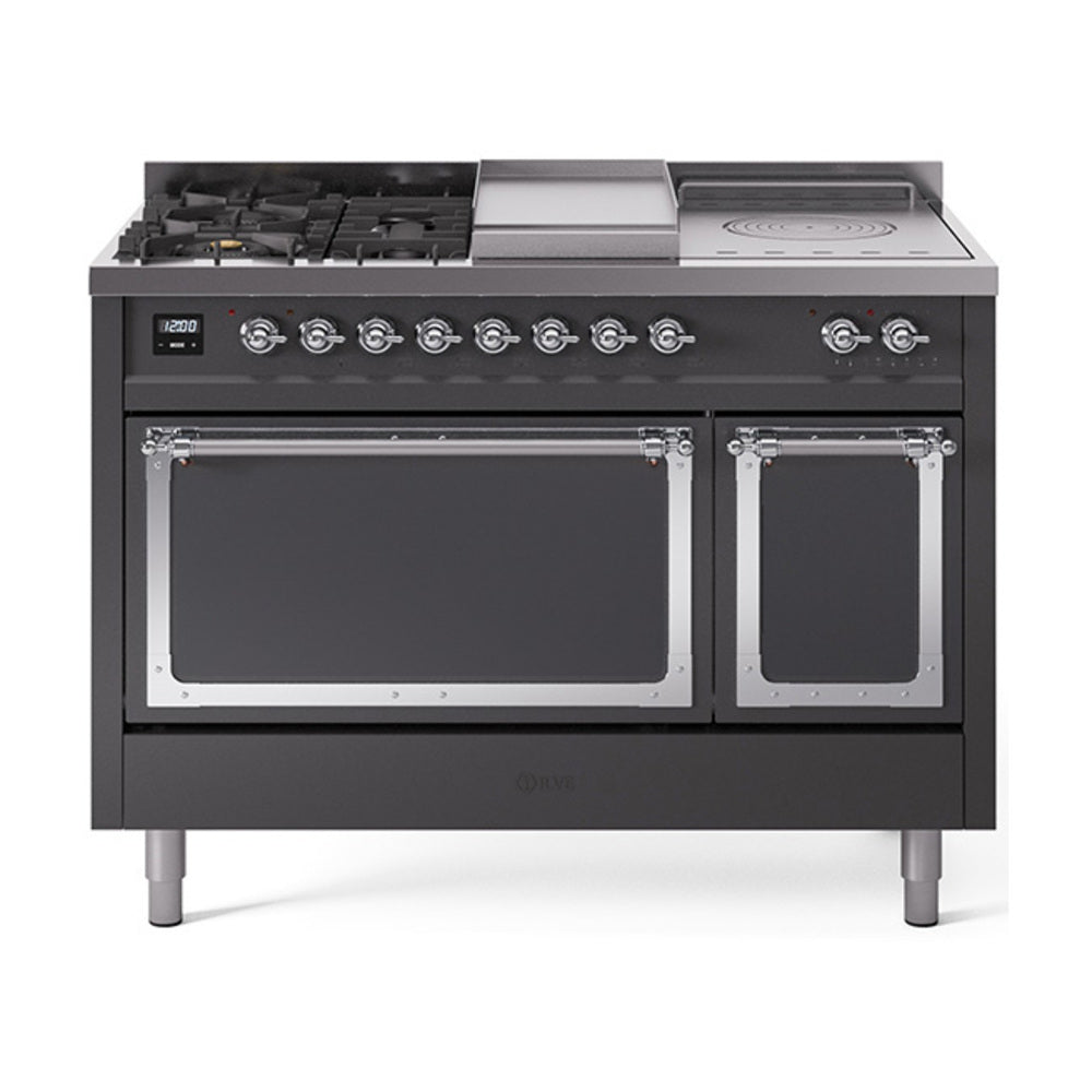 ILVE 48-Inch Nostalgie II Noblesse Propane Gas Dual Fuel Range with 5 Sealed Burners, Griddle, French Top and Solid Door Oven in Matte Graphite with Chrome Trim (UN48FSQNMPMGCLP)
