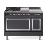 ILVE 48-Inch Nostalgie II Noblesse Propane Gas Dual Fuel Range with 5 Sealed Burners, Griddle, French Top and Solid Door Oven in Matte Graphite with Chrome Trim (UN48FSQNMPMGCLP)