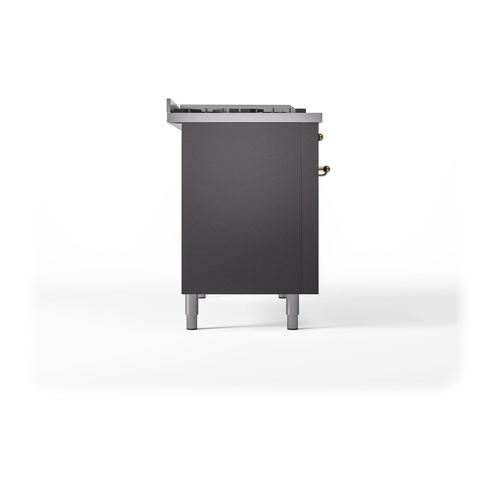 ILVE 48-Inch Nostalgie II Noblesse Natural Gas Dual Fuel Range with 5 Sealed Burners, Griddle, French Top and Solid Door Oven in Matte Graphite with Brass Trim (UN48FSQNMPMGG)
