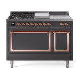 ILVE 48-Inch Nostalgie II Noblesse Propane Gas Dual Fuel Range with 5 Sealed Burners, Griddle, French Top and Solid Door Oven in Matte Graphite with Copper Trim