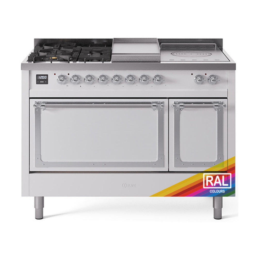 ILVE 48-Inch Nostalgie II Noblesse Natural Gas Dual Fuel Range with 5 Sealed Burners, Griddle, French Top and Solid Door Oven in Custom RAL with Chrome Trim (UN48FSQNMPRAC)