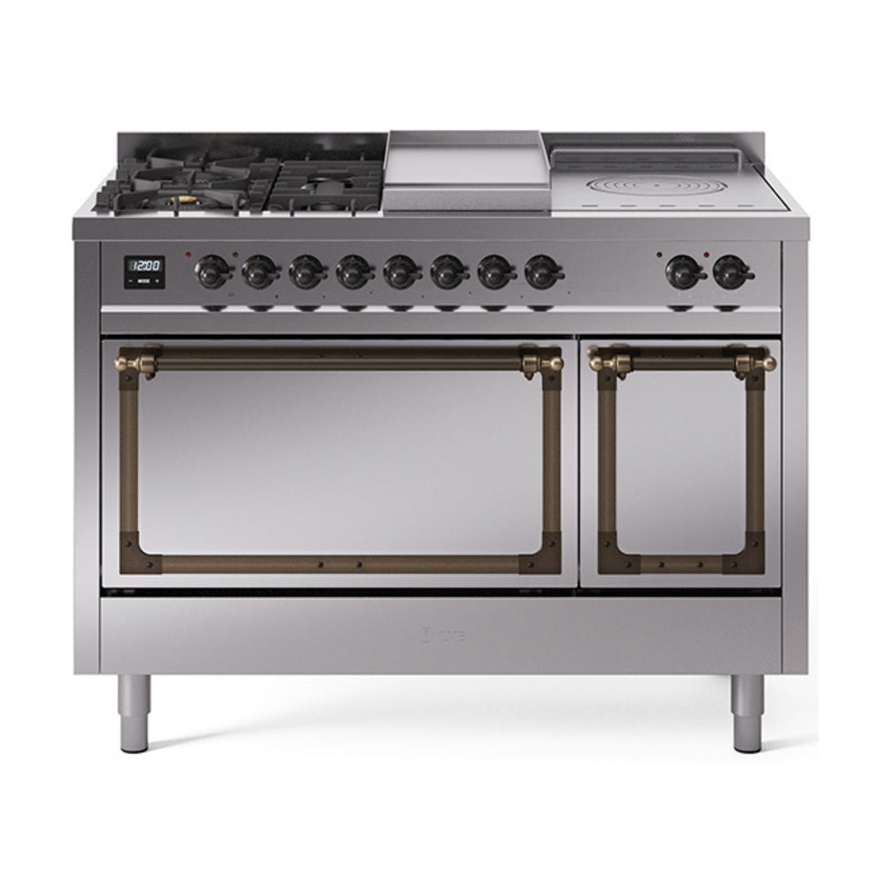 ILVE 48-Inch Nostalgie II Noblesse Propane Gas Dual Fuel Range with 5 Sealed Burners, Griddle, French Top and Solid Door Oven in Stainless Steel with Bronze Trim (UN48FSQNMPSSBLP)