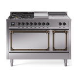 ILVE 48-Inch Nostalgie II Noblesse Propane Gas Dual Fuel Range with 5 Sealed Burners, Griddle, French Top and Solid Door Oven in Stainless Steel with Bronze Trim (UN48FSQNMPSSBLP)