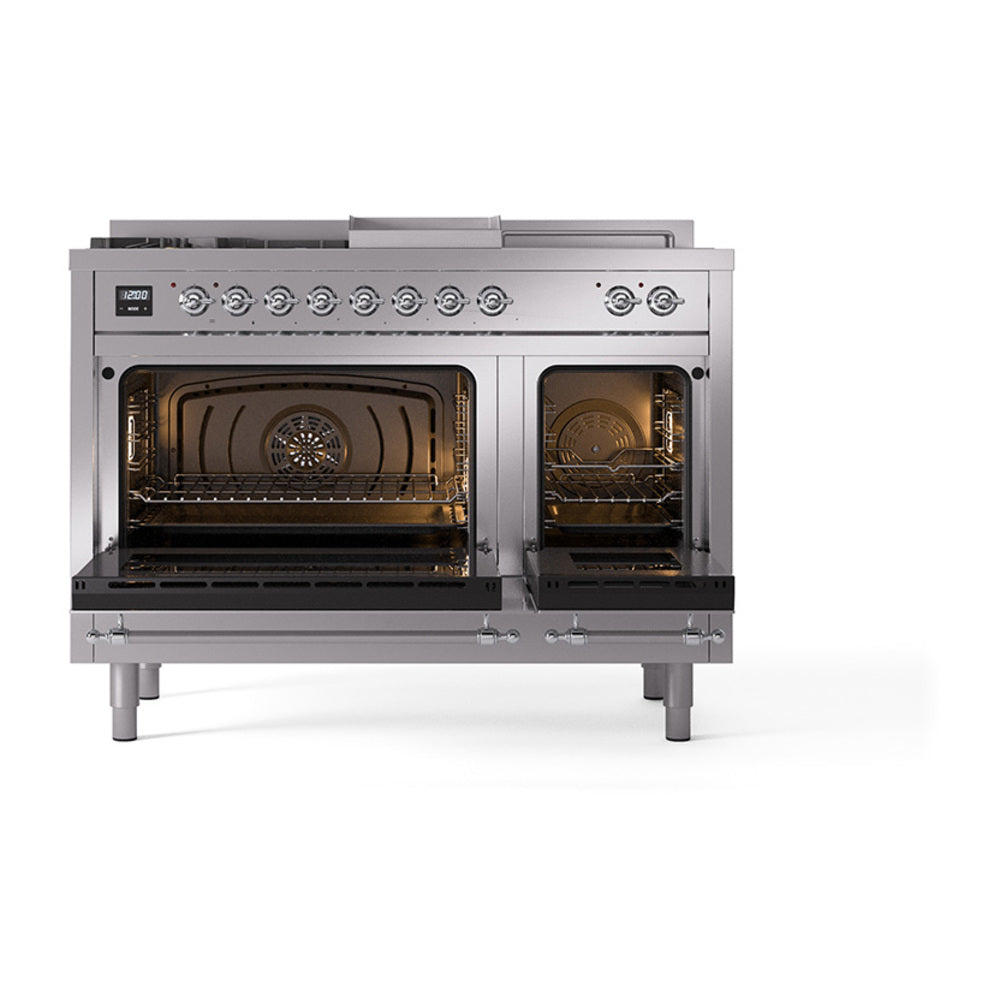 ILVE 48-Inch Nostalgie II Noblesse Propane Gas Dual Fuel Range with 5 Sealed Burners, Griddle, French Top and Solid Door Oven in Stainless Steel with Chrome Trim (UN48FSQNMPSSCLP)
