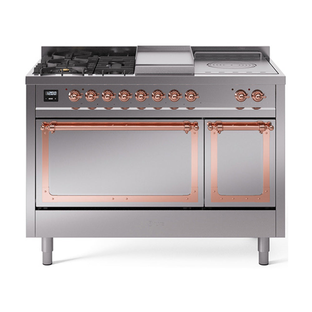 ILVE 48-Inch Nostalgie II Noblesse Propane Gas Dual Fuel Range with 5 Sealed Burners, Griddle, French Top and Solid Door Oven in Stainless Steel with Copper Trim (UN48FSQNMPSSPLP)