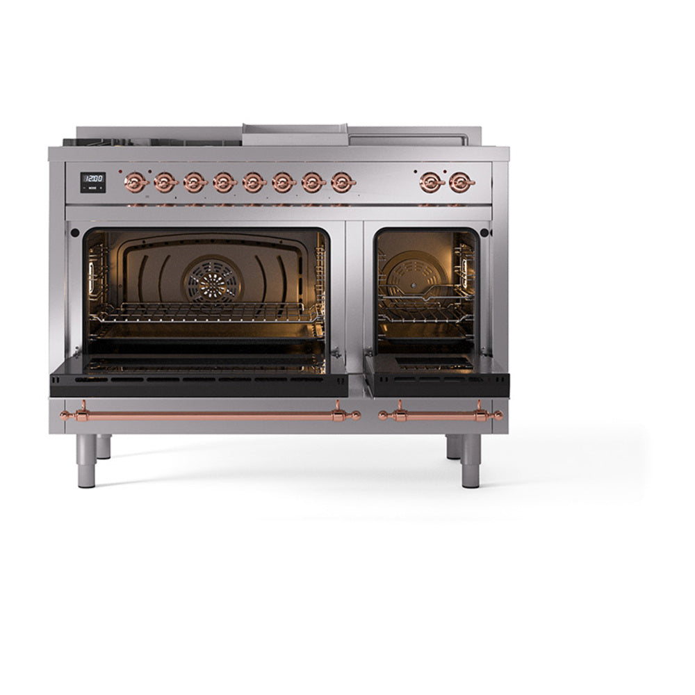 ILVE 48-Inch Nostalgie II Noblesse Propane Gas Dual Fuel Range with 5 Sealed Burners, Griddle, French Top and Solid Door Oven in Stainless Steel with Copper Trim (UN48FSQNMPSSPLP)