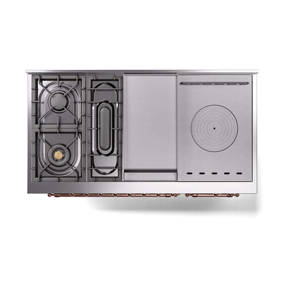 ILVE 48-Inch Nostalgie II Noblesse Propane Gas Dual Fuel Range with 5 Sealed Burners, Griddle, French Top and Solid Door Oven in Stainless Steel with Copper Trim (UN48FSQNMPSSPLP)