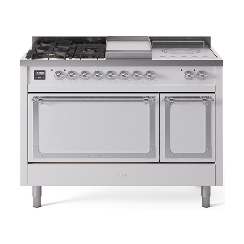 ILVE 48-Inch Nostalgie II Noblesse Natural Gas Dual Fuel Range with 5 Sealed Burners, Griddle, French Top and Solid Door Oven in White with Chrome Trim (UN48FSQNMPWHC)