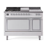 ILVE 48-Inch Nostalgie II Noblesse Natural Gas Dual Fuel Range with 5 Sealed Burners, Griddle, French Top and Solid Door Oven in White with Chrome Trim (UN48FSQNMPWHC)