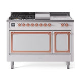 ILVE 48-Inch Nostalgie II Noblesse Natural Gas Dual Fuel Range with 5 Sealed Burners, Griddle, French Top and Solid Door Oven in White with Copper Trim (UN48FSQNMPWHP)