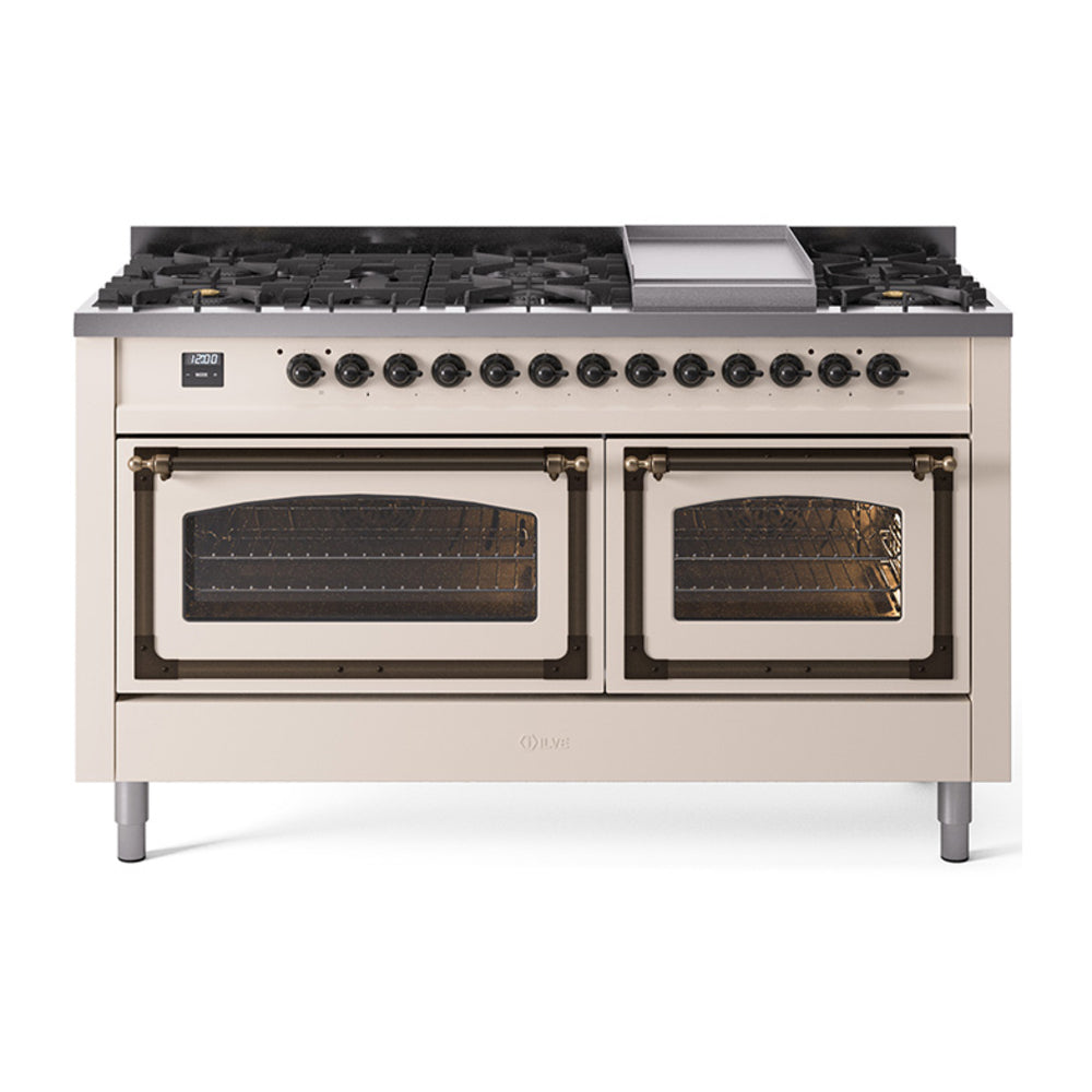 ILVE 60-Inch Nostalgie II Noblesse Propane Gas Dual Fuel Range with 9 Sealed Burners, Griddle, Triple Glass Door Oven in Antique White with Bronze Trim (UN60FNMPAWBLP)