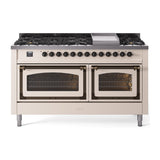 ILVE 60-Inch Nostalgie II Noblesse Propane Gas Dual Fuel Range with 9 Sealed Burners, Griddle, Triple Glass Door Oven in Antique White with Bronze Trim (UN60FNMPAWBLP)