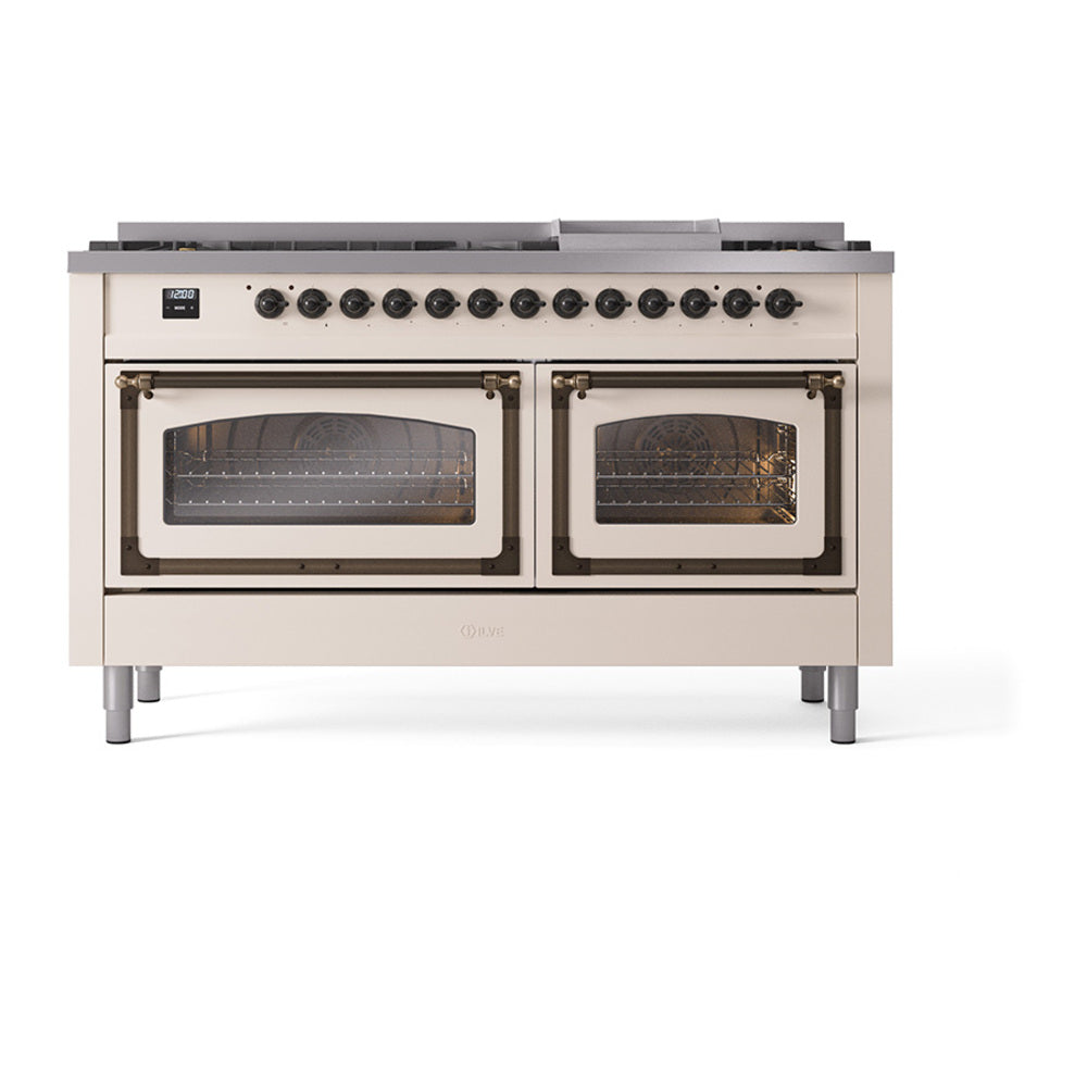 ILVE 60-Inch Nostalgie II Noblesse Propane Gas Dual Fuel Range with 9 Sealed Burners, Griddle, Triple Glass Door Oven in Antique White with Bronze Trim (UN60FNMPAWBLP)