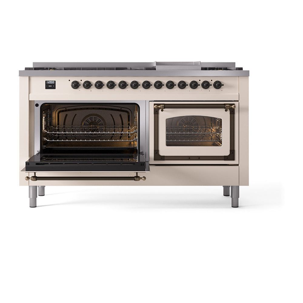 ILVE 60-Inch Nostalgie II Noblesse Propane Gas Dual Fuel Range with 9 Sealed Burners, Griddle, Triple Glass Door Oven in Antique White with Bronze Trim (UN60FNMPAWBLP)