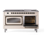 ILVE 60-Inch Nostalgie II Noblesse Propane Gas Dual Fuel Range with 9 Sealed Burners, Griddle, Triple Glass Door Oven in Antique White with Bronze Trim (UN60FNMPAWBLP)