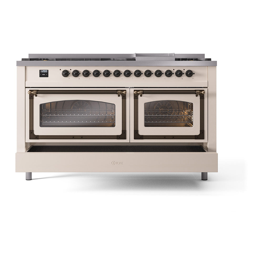ILVE 60-Inch Nostalgie II Noblesse Propane Gas Dual Fuel Range with 9 Sealed Burners, Griddle, Triple Glass Door Oven in Antique White with Bronze Trim (UN60FNMPAWBLP)