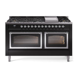 ILVE 60-Inch Nostalgie II Noblesse Propane Gas Dual Fuel Range with 9 Sealed Burners, Griddle, Triple Glass Door Oven in Glossy Black with Chrome Trim (UN60FNMPBKCLP)