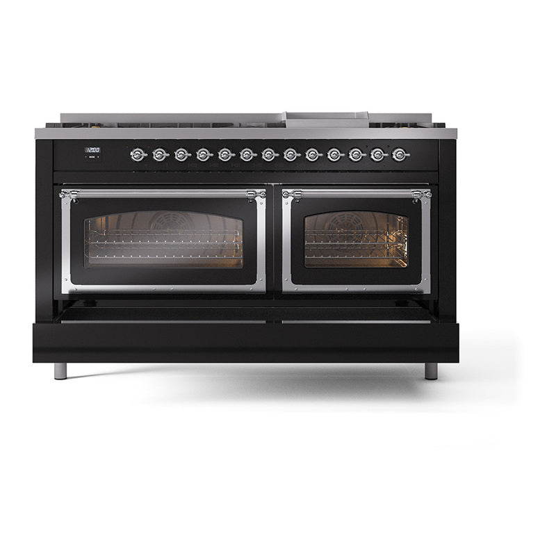 ILVE 60-Inch Nostalgie II Noblesse Propane Gas Dual Fuel Range with 9 Sealed Burners, Griddle, Triple Glass Door Oven in Glossy Black with Chrome Trim (UN60FNMPBKCLP)