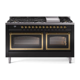 ILVE 60-Inch Nostalgie II Noblesse Propane Gas Dual Fuel Range with 9 Sealed Burners, Griddle, Triple Glass Door Oven in Glossy Black with Brass Trim (UN60FNMPBKGLP)