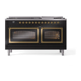 ILVE 60-Inch Nostalgie II Noblesse Propane Gas Dual Fuel Range with 9 Sealed Burners, Griddle, Triple Glass Door Oven in Glossy Black with Brass Trim (UN60FNMPBKGLP)