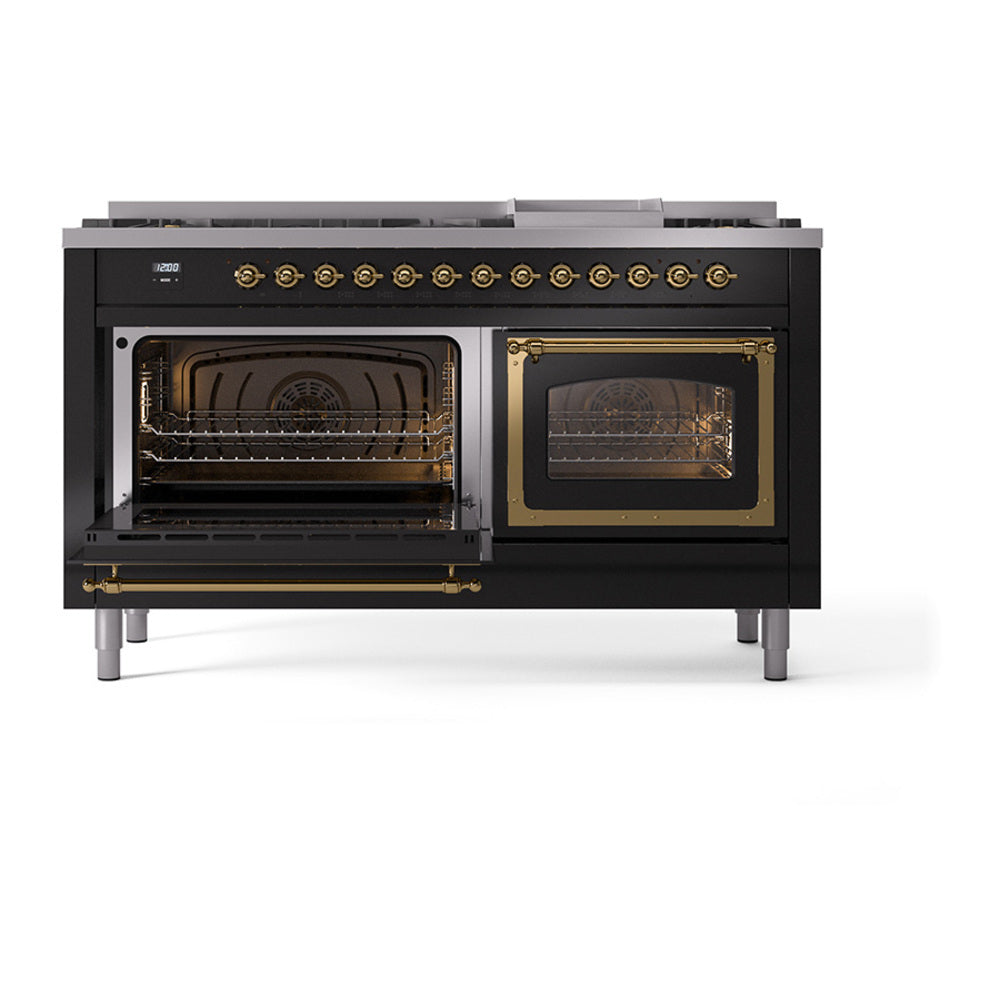 ILVE 60-Inch Nostalgie II Noblesse Propane Gas Dual Fuel Range with 9 Sealed Burners, Griddle, Triple Glass Door Oven in Glossy Black with Brass Trim (UN60FNMPBKGLP)