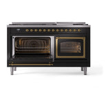 ILVE 60-Inch Nostalgie II Noblesse Propane Gas Dual Fuel Range with 9 Sealed Burners, Griddle, Triple Glass Door Oven in Glossy Black with Brass Trim (UN60FNMPBKGLP)