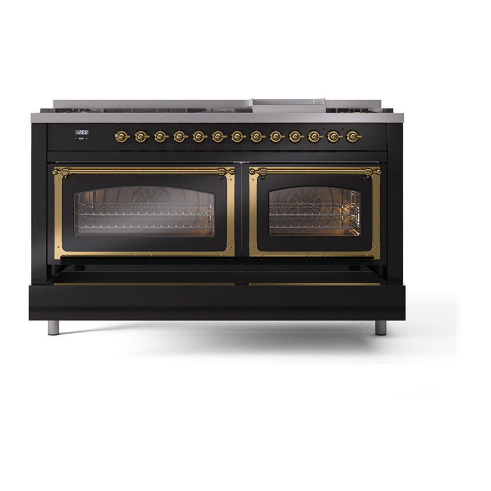 ILVE 60-Inch Nostalgie II Noblesse Propane Gas Dual Fuel Range with 9 Sealed Burners, Griddle, Triple Glass Door Oven in Glossy Black with Brass Trim (UN60FNMPBKGLP)
