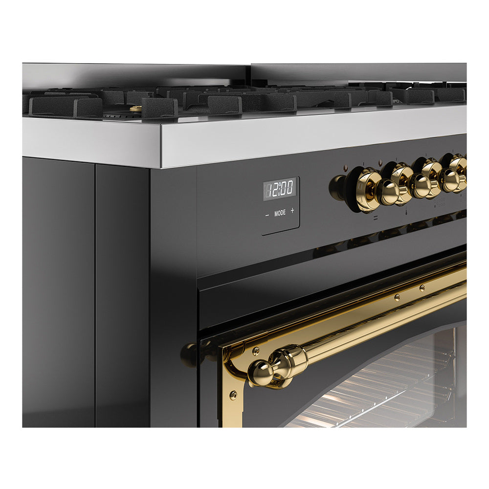 ILVE 60-Inch Nostalgie II Noblesse Propane Gas Dual Fuel Range with 9 Sealed Burners, Griddle, Triple Glass Door Oven in Glossy Black with Brass Trim (UN60FNMPBKGLP)