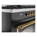 ILVE 60-Inch Nostalgie II Noblesse Propane Gas Dual Fuel Range with 9 Sealed Burners, Griddle, Triple Glass Door Oven in Glossy Black with Brass Trim (UN60FNMPBKGLP)