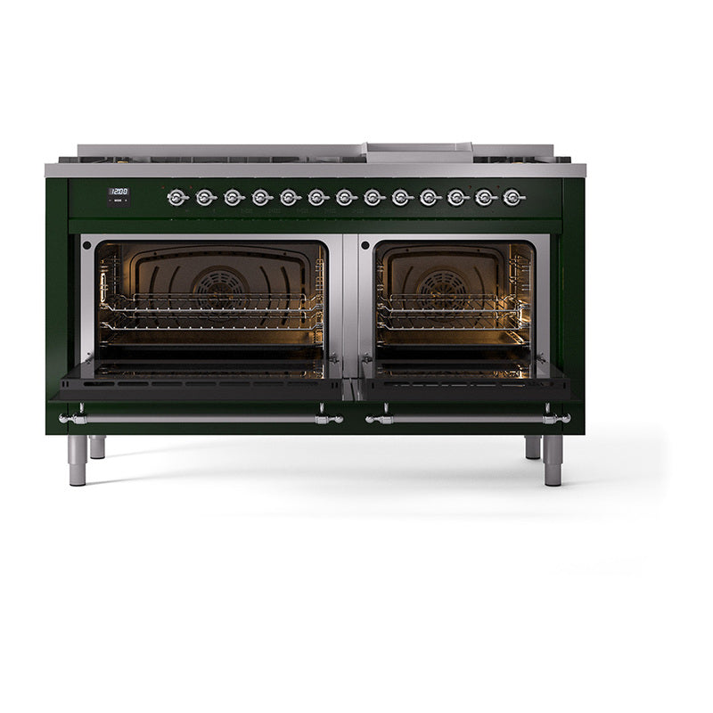 ILVE 60-Inch Nostalgie II Noblesse Propane Gas Dual Fuel Range with 9 Sealed Burners, Griddle, Triple Glass Door Oven in Emerald Green with Chrome Trim (UN60FNMPEGCLP)
