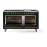 ILVE 60-Inch Nostalgie II Noblesse Propane Gas Dual Fuel Range with 9 Sealed Burners, Griddle, Triple Glass Door Oven in Emerald Green with Copper Trim (UN60FNMPEGPLP)