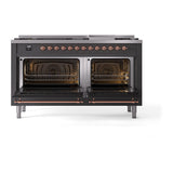 ILVE 60-Inch Nostalgie II Noblesse Propane Gas Dual Fuel Range with 9 Sealed Burners, Griddle, Triple Glass Door Oven in Matte Graphite with Copper Trim (UN60FNMPMGPLP)