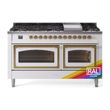 ILVE 60-Inch Nostalgie II Noblesse Propane Gas Dual Fuel Range with 9 Sealed Burners, Griddle, Triple Glass Door Oven in RAL with Brass Trim (UN60FNMPRAGLP)