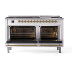 ILVE 60-Inch Nostalgie II Noblesse Propane Gas Dual Fuel Range with 9 Sealed Burners, Griddle, Triple Glass Door Oven in White with Brass Trim (UN60FNMPWHGLP)