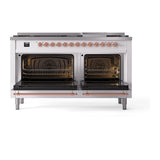 ILVE 60-Inch Nostalgie II Noblesse Propane Gas Dual Fuel Range with 9 Sealed Burners, Griddle, Triple Glass Door Oven in White with Copper Trim (UN60FNMPWHPLP)
