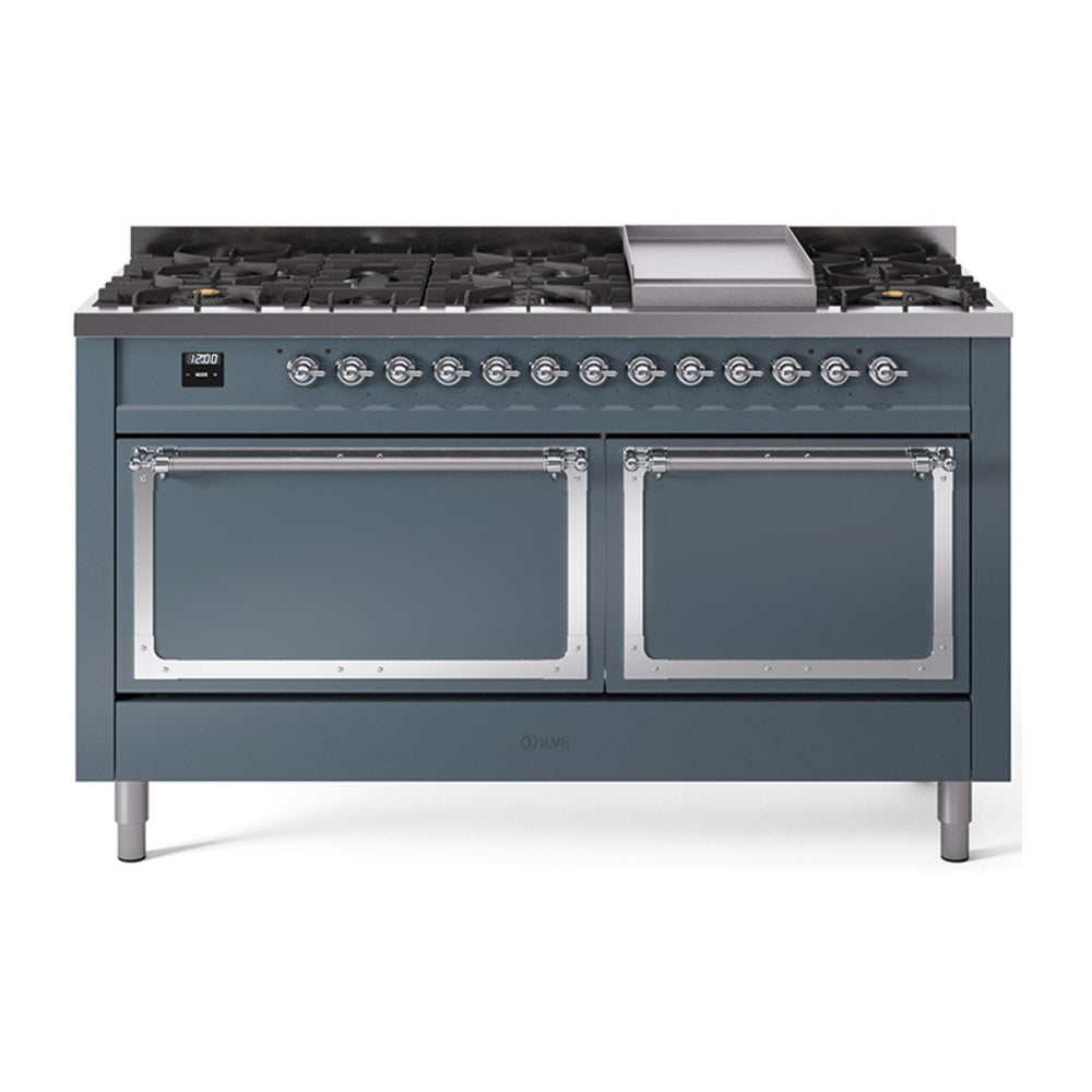 ILVE 60-Inch Nostalgie II Noblesse Propane Gas Dual Fuel Range with 9 Sealed Burners, Griddle, and Solid Door Oven in Blue Grey with Chrome Trim (UN60FQNMPBGCLP)