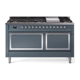 ILVE 60-Inch Nostalgie II Noblesse Propane Gas Dual Fuel Range with 9 Sealed Burners, Griddle, and Solid Door Oven in Blue Grey with Chrome Trim (UN60FQNMPBGCLP)