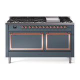 ILVE 60-Inch Nostalgie II Noblesse Propane Gas Dual Fuel Range with 9 Sealed Burners, Griddle, and Solid Door Oven in Blue Grey with Copper Trim (UN60FQNMPBGPLP)