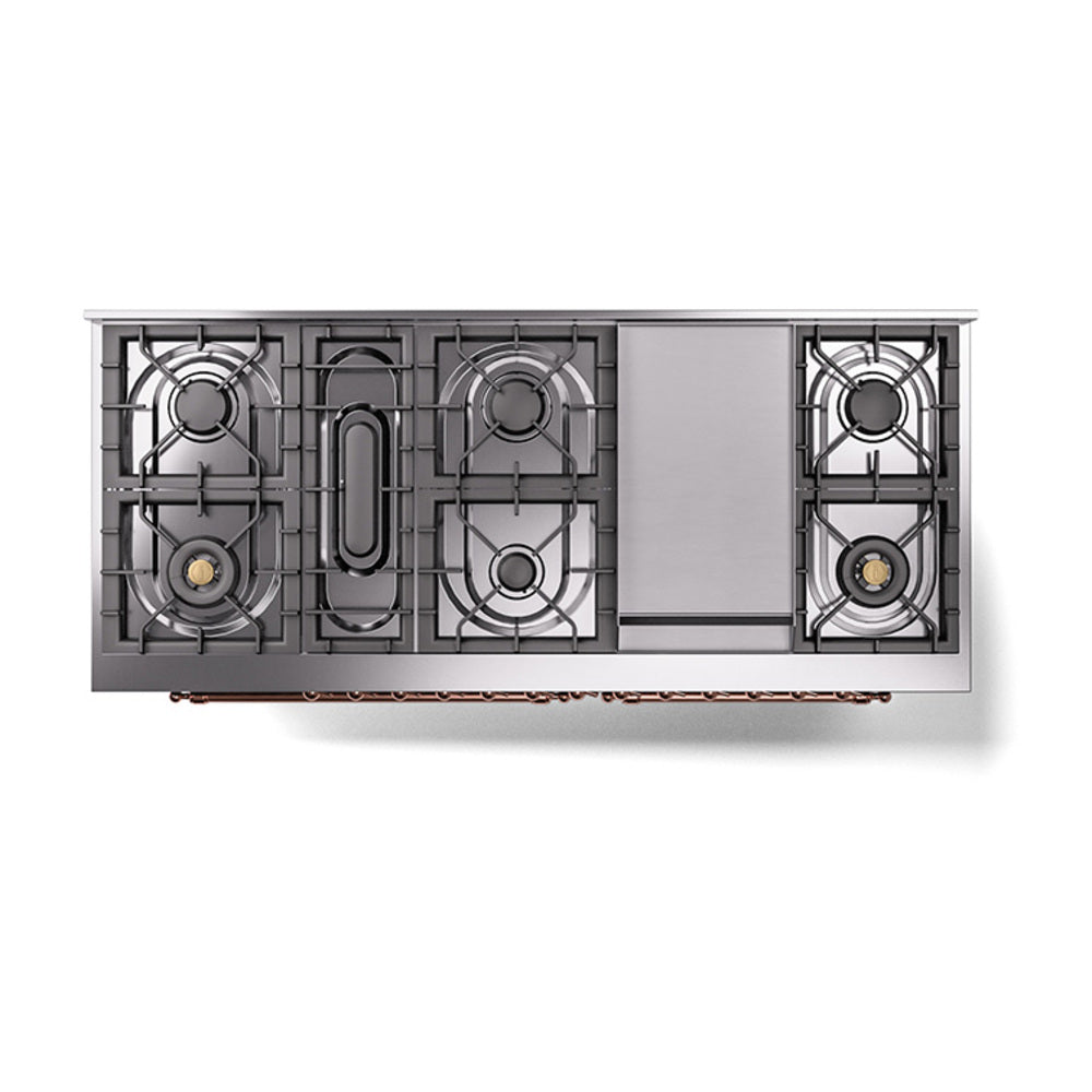 ILVE 60-Inch Nostalgie II Noblesse Natural Gas Dual Fuel Range with 9 Sealed Burners, Griddle, and Solid Door Oven in Blue Grey with Copper Trim (UN60FQNMPBGP)
