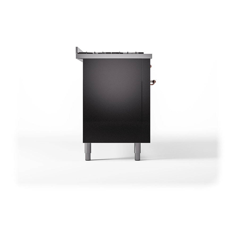 ILVE 60-Inch Nostalgie II Noblesse Dual Fuel Range with 9 Sealed Burners, Griddle, and Solid Door Oven in Glossy Black with Copper Trim (UN60FQNMPBKP)