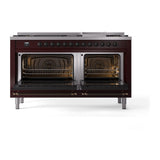 ILVE 60-Inch Nostalgie II Noblesse Natural Gas Dual Fuel Range with 9 Sealed Burners, Griddle, and Solid Door Oven in Burgundy with Bronze Trim (UN60FQNMPBUB)