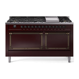 ILVE 60-Inch Nostalgie II Noblesse Natural Gas Dual Fuel Range with 9 Sealed Burners, Griddle, and Solid Door Oven in Burgundy with Bronze Trim (UN60FQNMPBUB)
