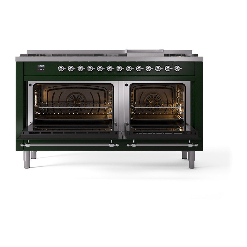 ILVE 60-Inch Nostalgie II Noblesse Natural Gas Dual Fuel Range with 9 Sealed Burners, Griddle, and Solid Door Oven in Emerald Green with Chrome Trim (UN60FQNMPEGC)
