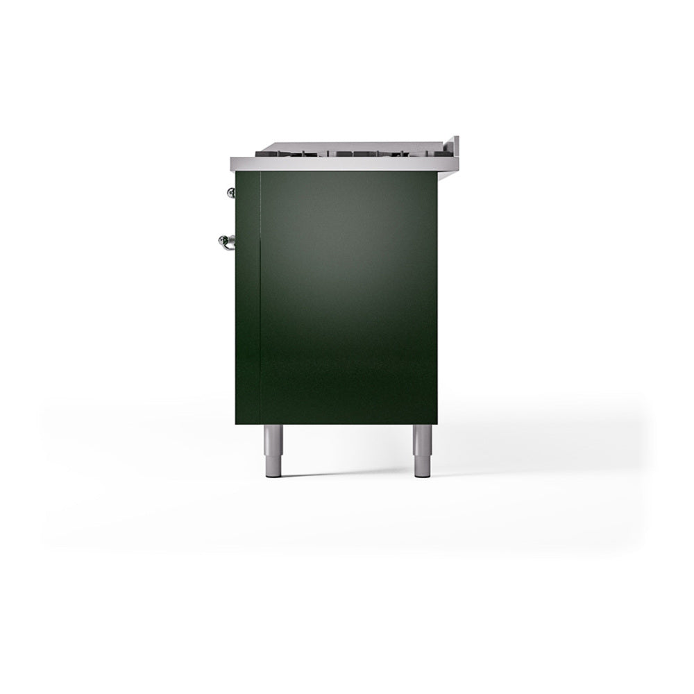 ILVE 60-Inch Nostalgie II Noblesse Natural Gas Dual Fuel Range with 9 Sealed Burners, Griddle, and Solid Door Oven in Emerald Green with Chrome Trim (UN60FQNMPEGC)