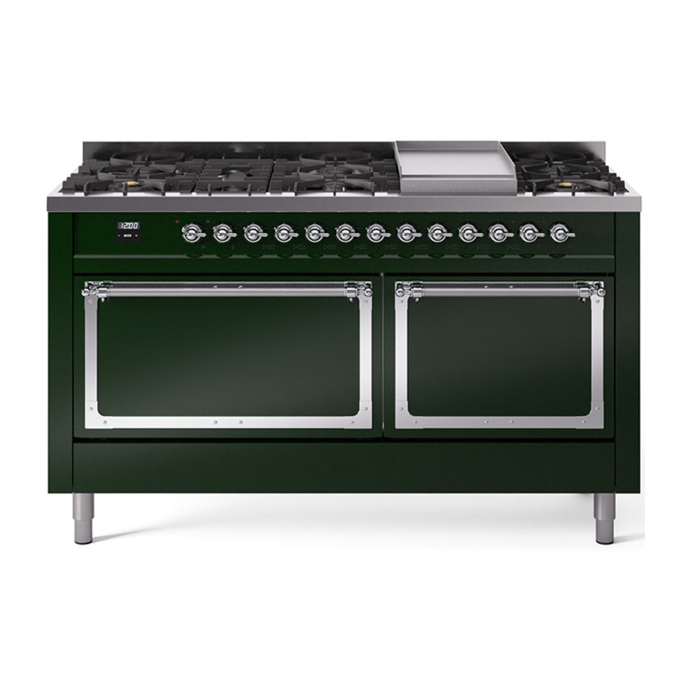 ILVE 60-Inch Nostalgie II Noblesse Natural Gas Dual Fuel Range with 9 Sealed Burners, Griddle, and Solid Door Oven in Emerald Green with Chrome Trim (UN60FQNMPEGC)