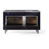 ILVE 60-Inch Nostalgie II Noblesse Natural Gas Dual Fuel Range with 9 Sealed Burners, Griddle, and Solid Door Oven in Midnight Blue with Bronze Trim (UN60FQNMPMBB)