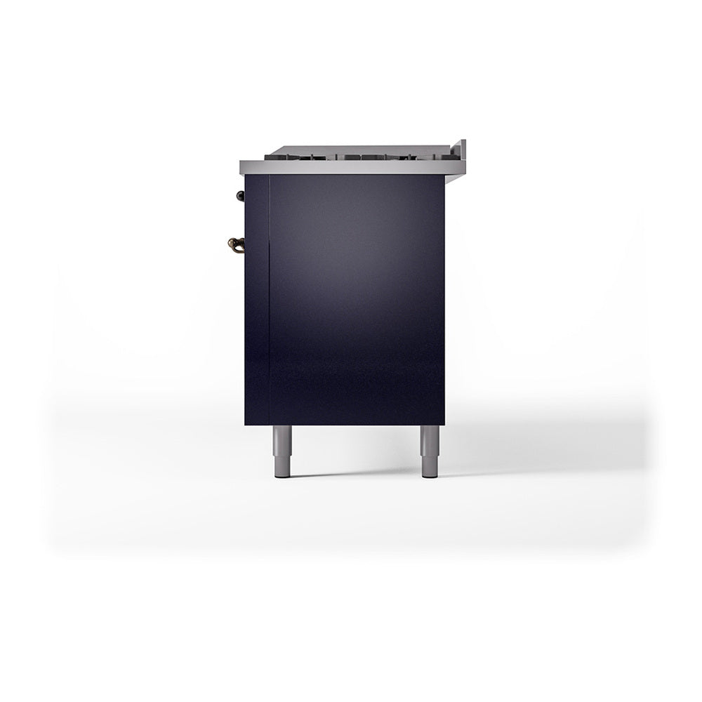 ILVE 60-Inch Nostalgie II Noblesse Natural Gas Dual Fuel Range with 9 Sealed Burners, Griddle, and Solid Door Oven in Midnight Blue with Bronze Trim (UN60FQNMPMBB)